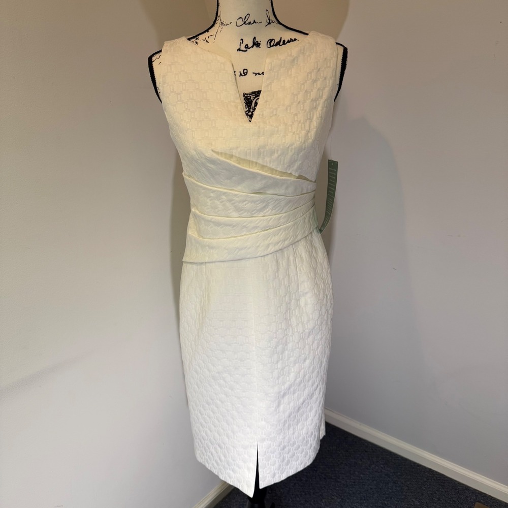 Jones Wear Dress Womens 4 Ivory Textured Jacquard Pleated V-Neck Sheath Sleevele